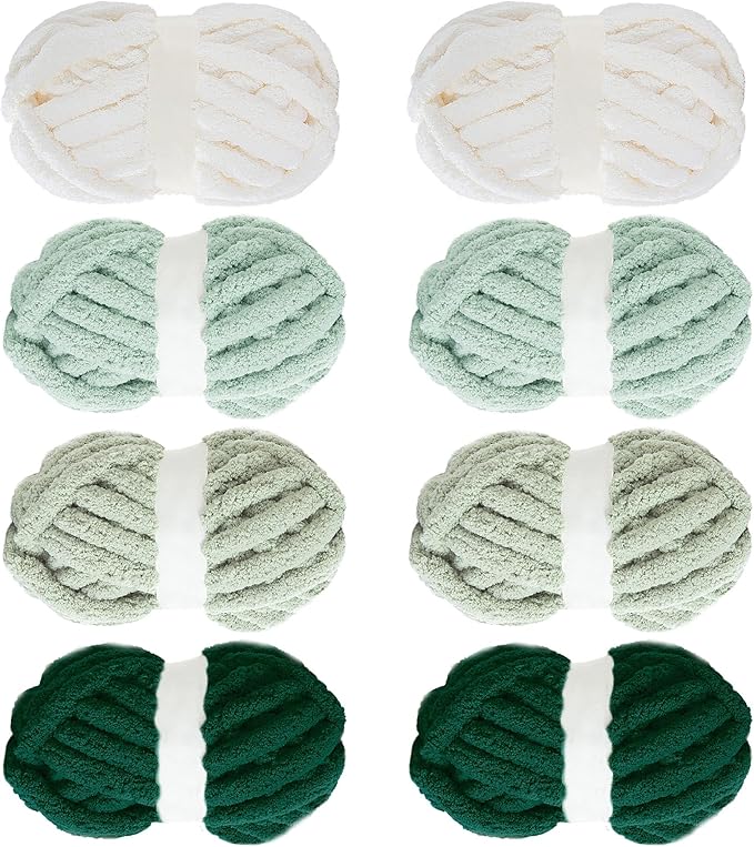MABOZOO Assorted Chunky Yarn for Crocheting 8 Pack - Fluffy Jumbo Chenille, Soft Plush Bulky, Giant Thick Fuzzy for Hand or Arm Knitting - Green Multi (31.7 Yds, 8 Oz Each Skein)
