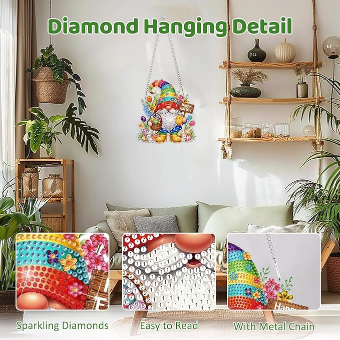 MEIYUDA Easter Gnomes Diamond Art Hanging Kits for Adult, Happy Easter Diamond Painting Hanging Kits Ornaments, DIY Special Shaped Rhinestone Window Pendants kit for Home Garden Wall Decor Gift