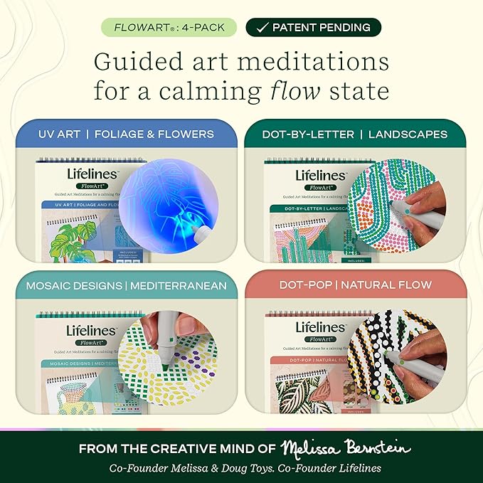 Lifelines FlowArt Activity Pads, 4-Pack - Guided Art Meditations with 4 Sets of Markers & 80 Scenes - Color by Letter, Dot-Pop and More, Coloring Books for Tweens, Adults & Seniors