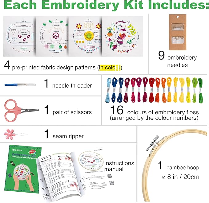 Azenera Beginner Embroidery Kit (4 Pack) Learn 33 Stitches with Easy DIY Video Tutorials, Coloured Design Patterns, Thread Floss, Cross Stitch Hoop, Gift (AZA100)