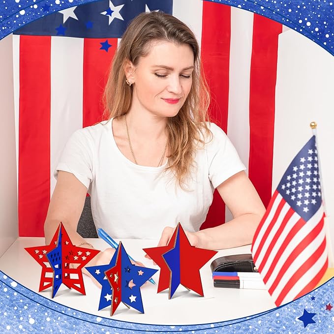 Blosssound 48 Pcs Patriotic Craft Set 36 Wood Stars Crafts 3D Stars Cutouts with 12 Colored Markers 4th of July Wooden Unfinished Slices to Paint for Memorial Day DIY Handmade Tiered Tray Decor