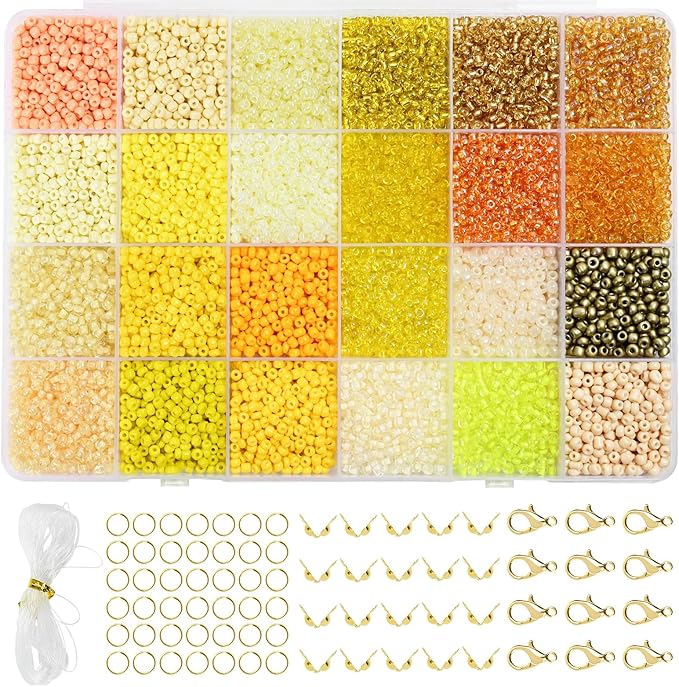 Vtssvow 3mm Glass Seed Beads for Bracelets Making, 24 Colors 10000pcs Friendship Bracelet Making Kit, Small Glass Beads for Jewelry Making (Mix 24 Color, Yellow)