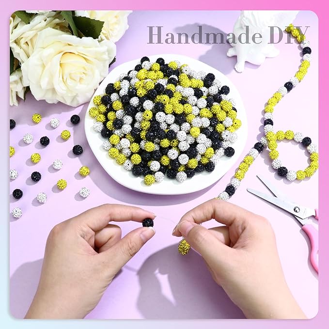 Dowarm 255PCS 10mm Rhinestone Beads for Baseball Rhinestone Necklace Bracelet Jewelry Making, Round Polymer Clay Beads for Crafts Beaded Pen, Shamballa Pave Disco Diamond Bead, Yellow|Black|White