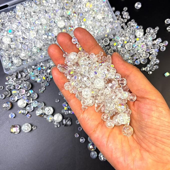 1000Pcs Glass Beads for Jewelry Making Crystal Beads for Bracelet Craft Necklace Earring Making Assorted Color 5 Style/Crackle Round/Briolette Faceted/Bicone/Cube/Four-Leaf Clover / 4 Size