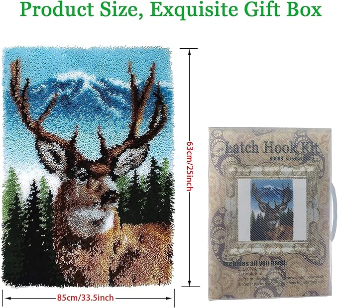ZFFLYH Deer Latch Hook Kit, DIY Large Latch Hook Kit for Adults 3D Printed Canvas Pattern Crochet Handcraft Embroidery Tapestry Hobby & Crafts 85cmX63cm/33.5X25inch