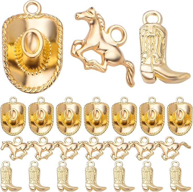 60pcs Gold Plated Western Themed Cowboy Charms Tibetan Alloy Cowboy Boot Horse Hat Pendants Charms Party Favors for DIY Earrings Bracelet Necklace Jewelry Making Findings, 3 Styles
