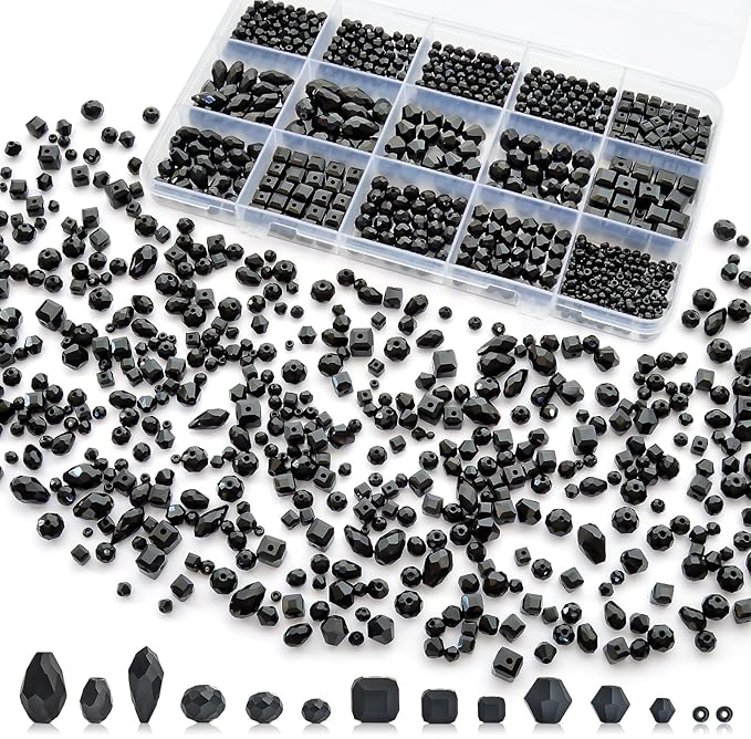 1500 Pcs Crystal Glass Beads for Jewelry Making – 12 Styles Bicone, Rondelle, Cube, Teardrop & 3mm Spacer Beads, DIY Bracelet Necklace Earring Craft Kit with Organizer Box(Black)