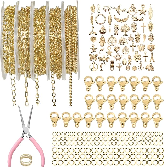 XKCWXY 14K Gold Chain for Jewelry Making,16.4 ft 5 Rolls Jewelry Chains Bulk for DIY Necklace Bracelet Making Accessories with Charm Pendants Jump Rings Lobster Clasps Pliers
