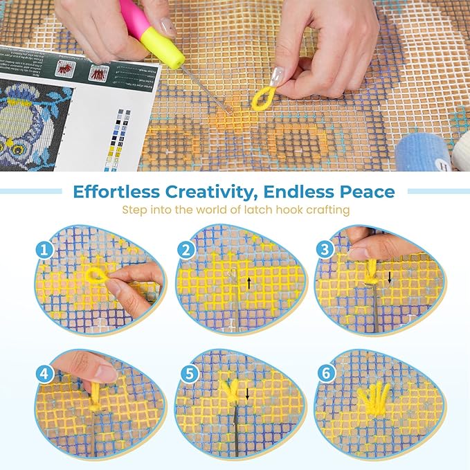 EsLuker.ly Full Moon Owl Latch Hook Pillow Kit for Adults Beginners, DIY Throw Pillow Cushion Cover Making Set with Pre-Printed Canvas & Crochet Yarn, Creative Latch Hook Craft Kits for Home Decor