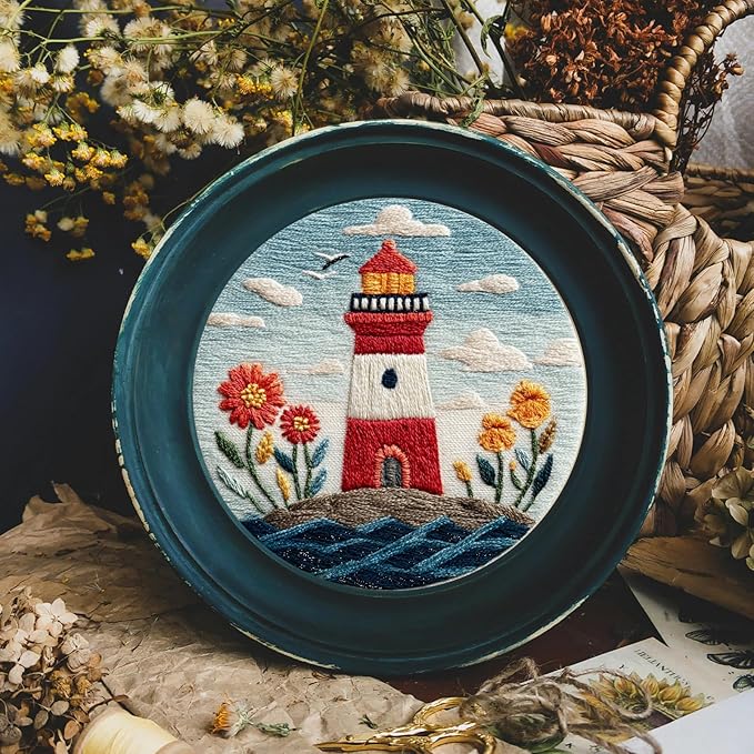 FONNUY Embroidery Kit for Beginners, Lighthouse Landscape Flowers Pre-Stamped Pattern Kits for Adults with Hoop, Easy to Follow Color Thread Needlework, 8'' Hoop (Blue)