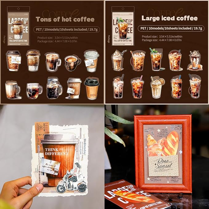 60 Pieces Coffee Themed Vintage Large Size PET Stickers, Elegant Coffee, Soft Bread and Delicious Dessert Designs for Scrapbooking, Journaling, DIY Crafts, and Junk Journal Supplies (6 Pack)