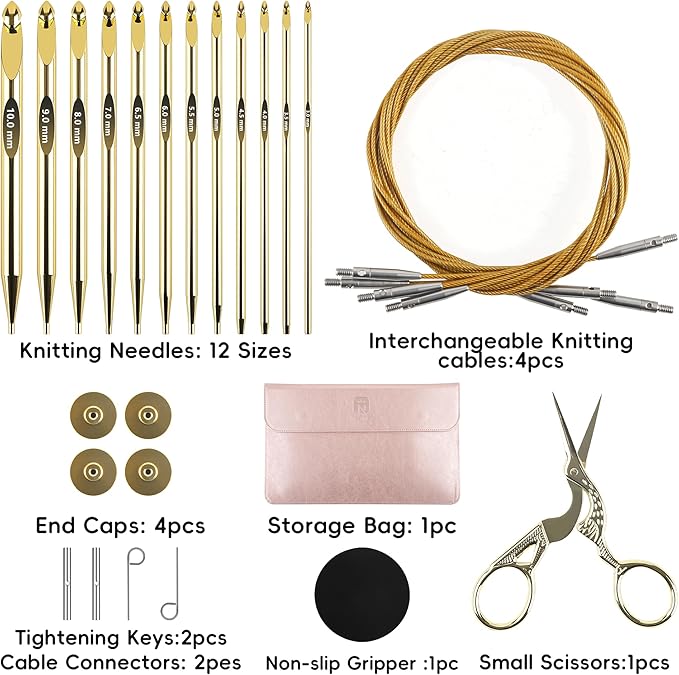 27Pc Gold Plated Tunisian Crochet Hooks Set 3mm-10mm, Interchangeable Aluminum Crochet Hook with Cable, Long Crochet Hooks for Tunisian Crochet, Versatile Crochet Hook Set for Craft Enthusiasts