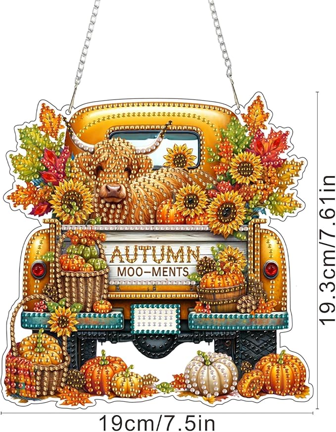 SENQAO Cow Diamond Art Hanging Kits for Adults Kids, Acrylic Diamonds Painting Pendant Board Kits, Diamond Art Painting Window Pendants Home Garden Wall Hanging Kits Hanging Ornament（Truck Sunflower）