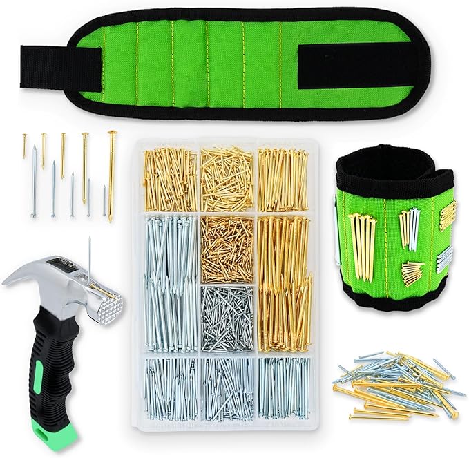 1002pcs Hardware Nails Assortment Kit, Nails for Hanging Pictures, Small Wall Nails for Hanging, Finishing Nails, Common Wood Nails, Mini 8oz Claw Hammer and Nails Set with Magnetic Wristband