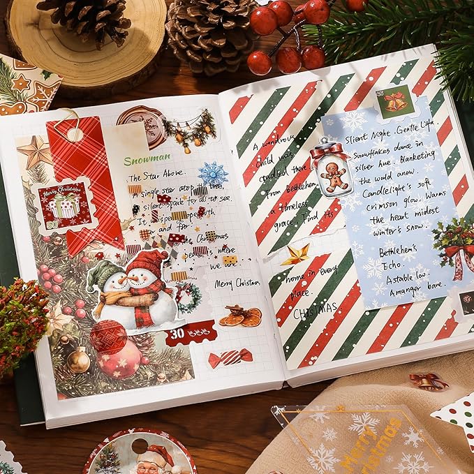 PRSTINCOL Christmas Scrapbook Kit Junk Journaling Supplies with A6 Notebook, 157 Pieces Stationery Set for DIY Gift, Teens Women - Vintage Style