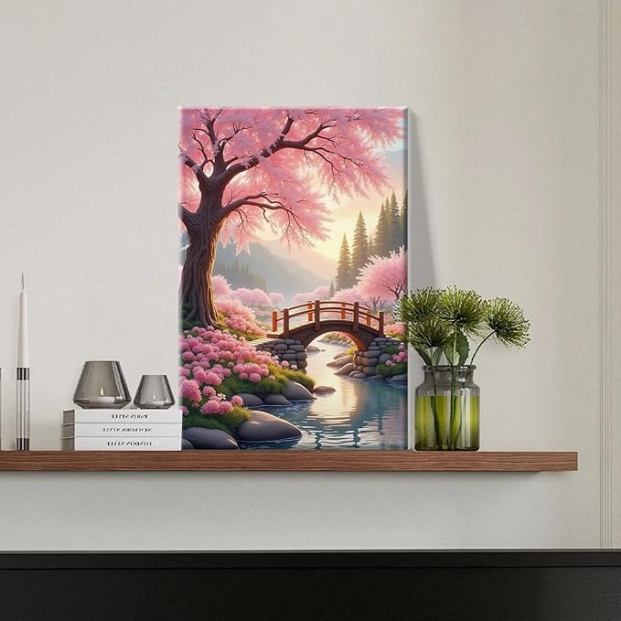 JOOZ Sakura Paint by Numbers Kit for Adults with Frame Landscape Paint by Number with Easel Lake Adult Paint by Number Kits Framed Canvas Mountain Oil Painting Kits for Home Wall Decor 8x12 Inch