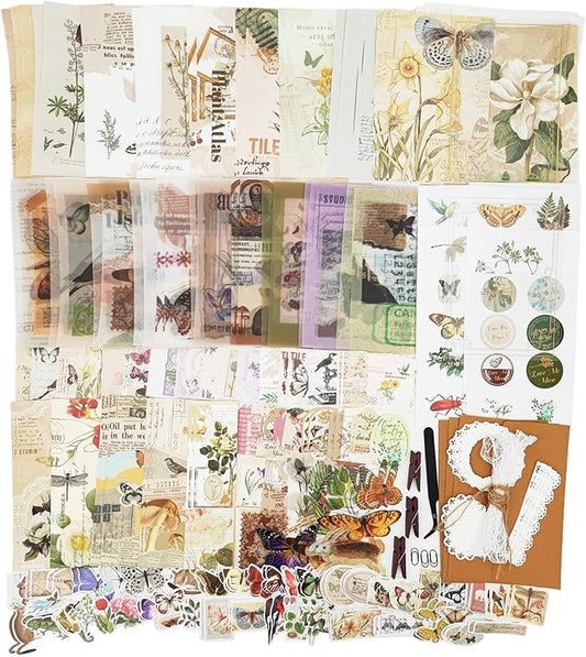 Esweny 251PCS Vintage Scrapbook Supplies Pack, Scrapbooking Paper and Stickers Ephemera Bundle Junk Journal Kit for Art Aesthetic Journaling Collage Decoupage Craft (Flowers and Birds)