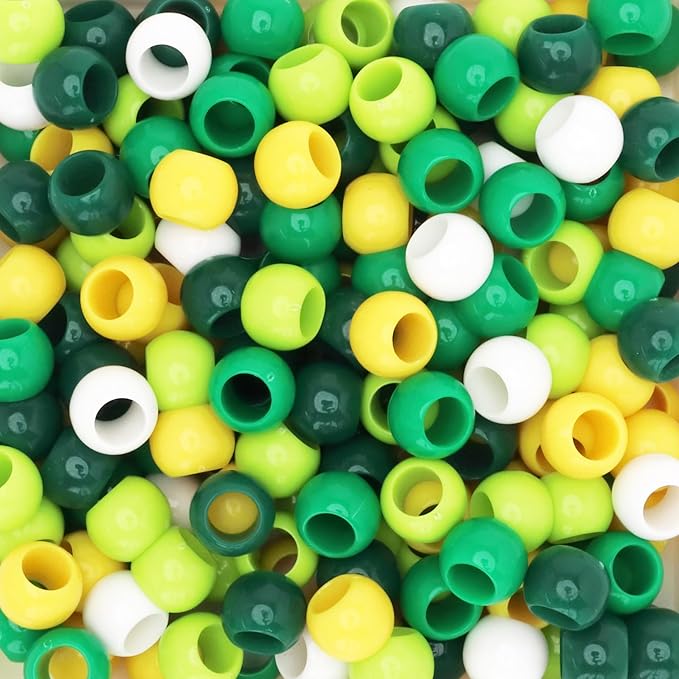 300 green and yellow acrylic large hole beads for crafts and for hair 10mm x 12mm acrylic barrel beads with 5.7mm large hole, st. patrick's day assortment