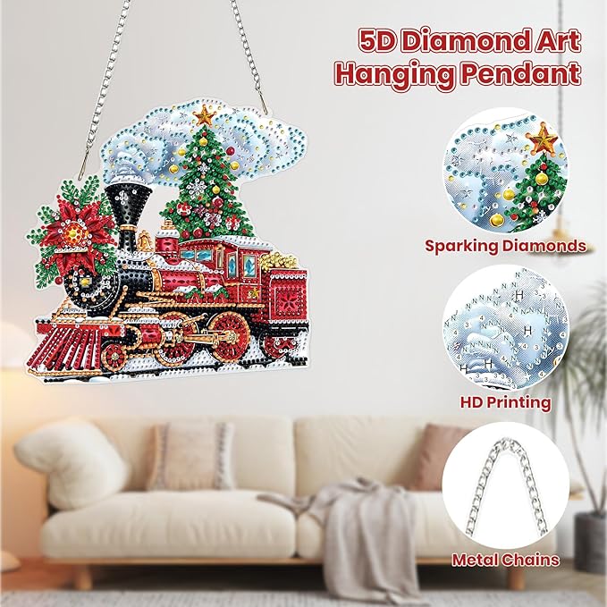 MOGTAA Christmas Diamond Art Hanging Kits for Adults Kids, Christmas Train Diamond Art Suncatchers, 5D Special Shape Diamond Painting Window Pendant Kit for Home Garden Wall Decor