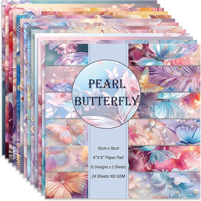 6x6" 160gsm cardstock Single Sided Scrapbooking 24 Papers Pad vintage decoupage scrapbook kit patterned paper junk journal supplies journaling supply scrap paper crafting.Pearl Butterfly