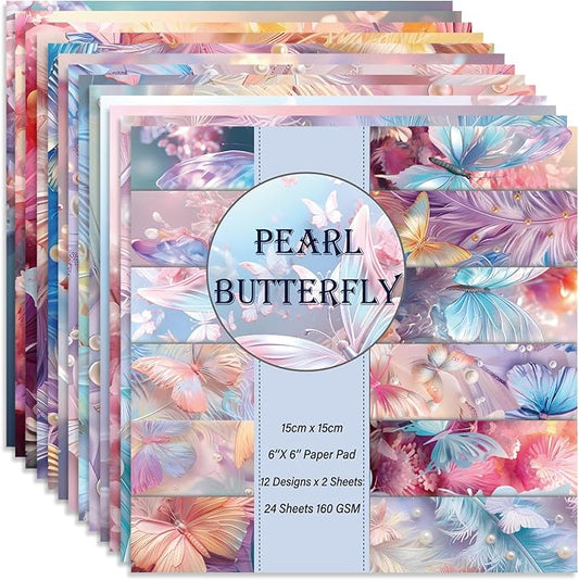 6x6" 160gsm cardstock Single Sided Scrapbooking 24 Papers Pad vintage decoupage scrapbook kit patterned paper junk journal supplies journaling supply scrap paper crafting.Pearl Butterfly