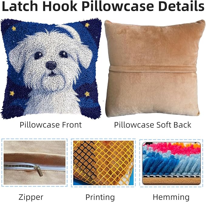 DIY Latch Hook Pillow Kits for Adults Cute Maltese Dog Printed Pillowcase Crochet Yarns Hooking Handmade Pillow Cover Cushion for Home Sofa Decor 17x17inch(6)