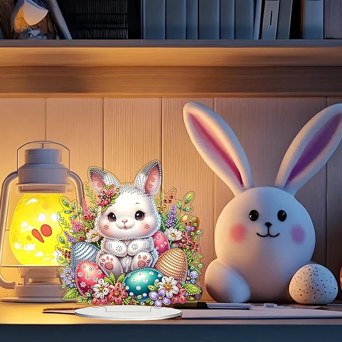 JJFox DIY Tabletop Diamond Art Painting Kit，Desktop Ornament Special Shaped Rhinestone Desk Placement Ornament，Home Stand Up Gem Painting Craft Kit Gift Double Sided (Easter Rabbit-3)