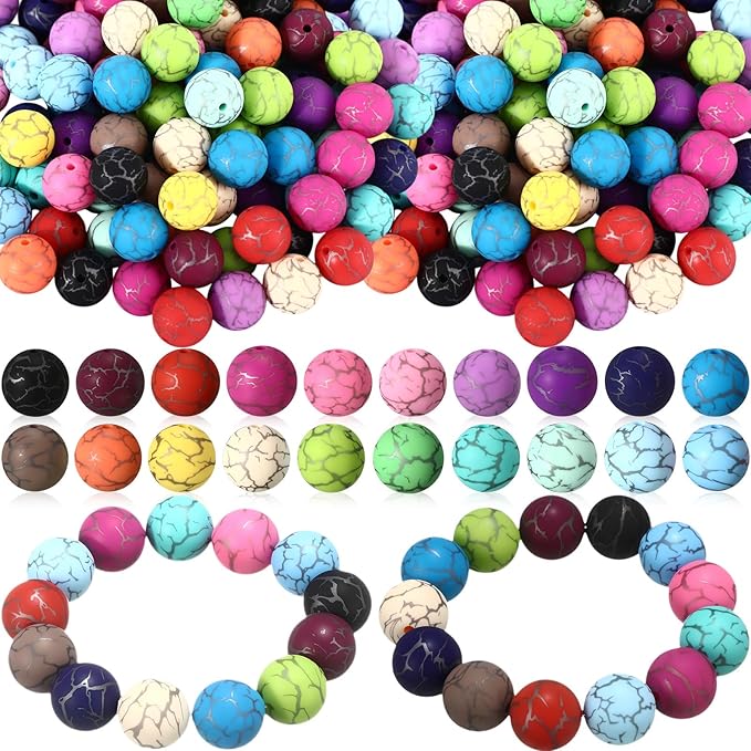 Ferreve 120 Pcs 15mm Silicone Beads Bulk Silicone Beads Print Rubber DIY Bracelet Making Kit for Keychain Making Pens Necklace Jewelry(Crack)