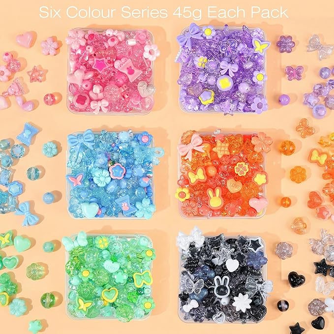 480Pcs Assorted Beads Bracelet Making Kit with String, 6 Colors Cute Stuff Acrylic Charms for Jewelry Making Crafts Kawaii Bow Star Flower Shaped Bead for DIY Keychain Bag Lipgloss Charms
