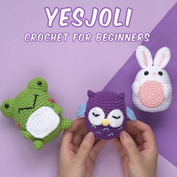 YESJOLI Crochet Animals kit for Beginners,Crochet Knitting kit Crafts for Adult Women DIY with Step-by-Step Video,Easy Learn tutorials to Crochet Kits,Yarns,Hook,Accessories (White Rabbit Frog owl)