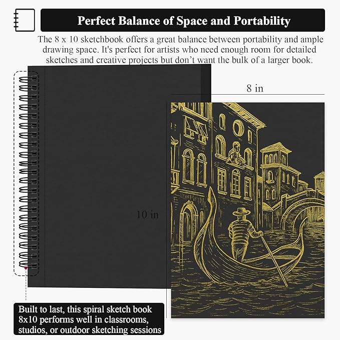 sufly black sketch paper pad, 60 sheets spiral sketch book 8x10, 90lb/150gsm black paper notebook for gel pens | art supplies for teens - gifts for teenage artists.