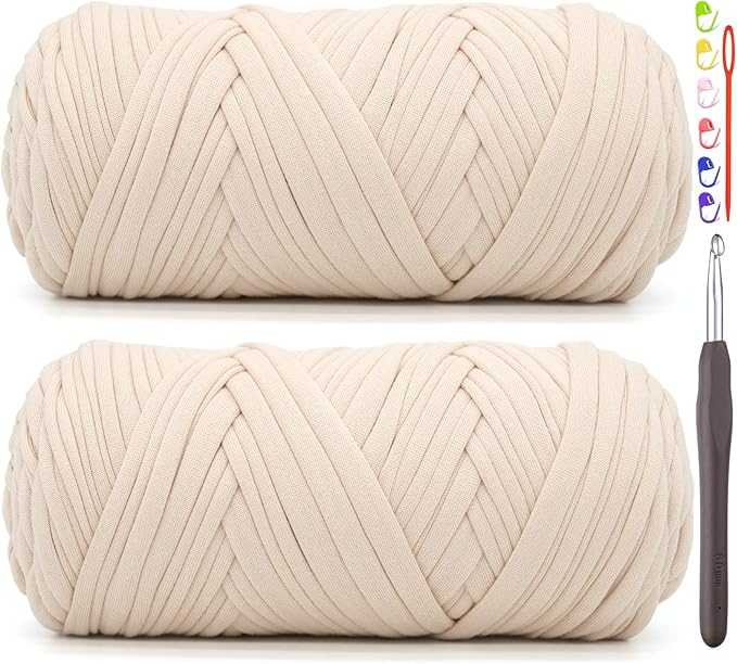 2 Pack Tshirt Yarn for Crocheting,BeigeT Shirt Chunky Elastic Fabric Thick T-Shirt Crochet Yarn for Beginners Crocheting Hand Knitting Bag/Basket/Coasters/DIY Crafts/Home Decor 2 * 200G(Beige