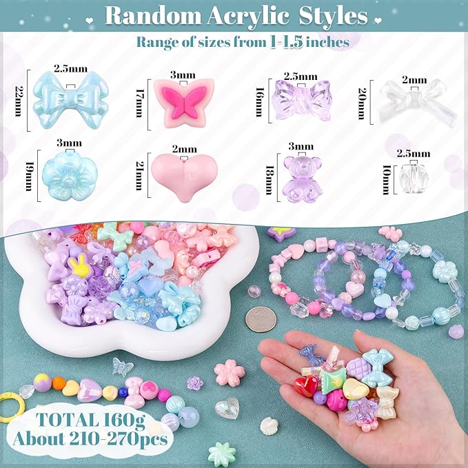 210-270PCS TINKRSTUFF Assorted Acrylic Beads, 4 Colors Mixed Cute Beads for Bracelet Making, Bow Flower GummyBear Kawaii Charms, Aesthetic Bead for Necklace Keychain Jewelry Making DIY Phone Charm