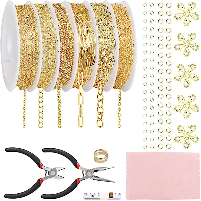 Fesorsi Gold Necklace Chain for Jewelry Making, 46ft 6 Style Rolled Steel DIY Jewelry Chain Roll Bracelet Bulk Link Plated Permanent for Earring Anklet Craft with Jump Ring, Lobster Clasp, Pliers