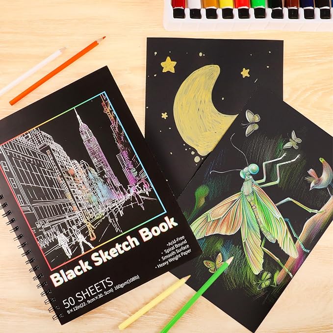 50 Sheets Black Paper Sketchbook, 108 lb/160gsm Heavyweight Black Sketch Pad 9×12in, Acid-Free Drawing Paper, Spiral Bound Sketch Book for Kids, Teens, Artist