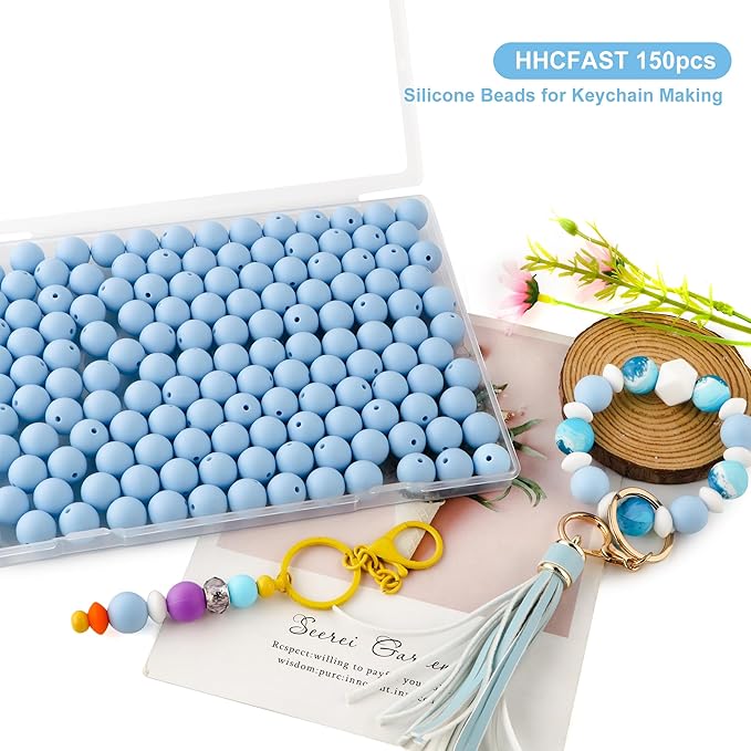 150Pcs 15mm Silicone Beads for Keychain Making Bracelet Necklace, Bulk Round Silicone Beads for Pens（Pastel Blue）