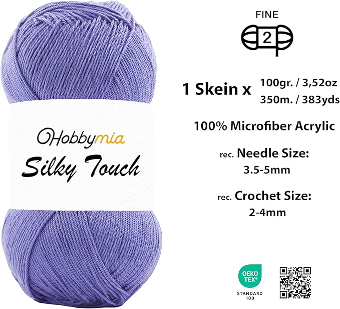 Silky Touch Acrylic Yarn - Soft Sport Weight Yarn for Crochet & Knitting - 100g / 383yds - 100% Microfiber Acrylic - Lightweight Fine Smooth Yarn(Purple - Moonflower, 1 Skein)