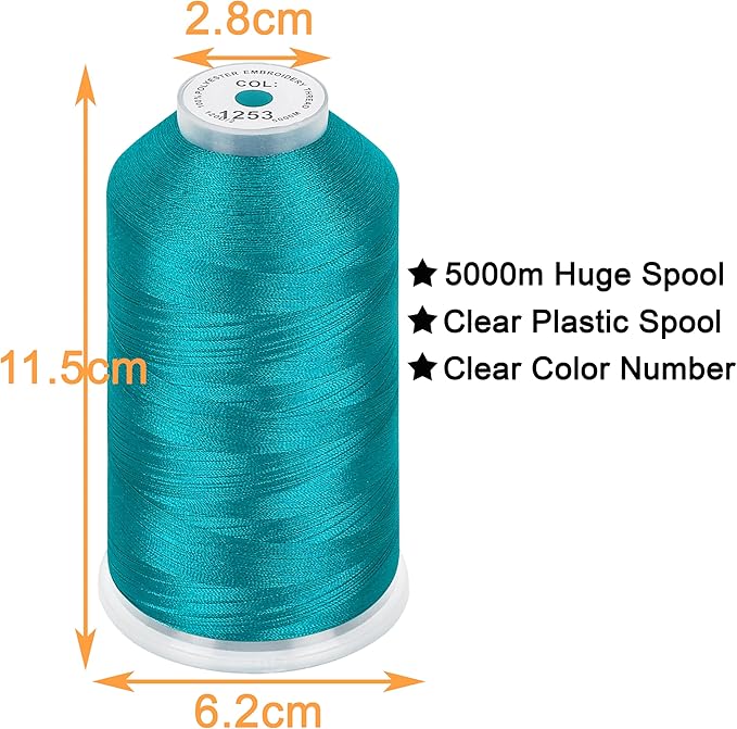 New brothread - Single Huge Spool 5000M Each Polyester Embroidery Machine Thread 40WT for Commercial and Domestic Machines - Teal