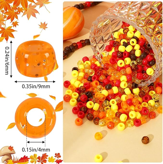 UPINS 1200 Pcs Fall Pony Beads,Autumn Thanksgiving Pony Beads for Jewelry Making Yellow Orange Red Brown for Hair Necklace Bracelets Crafts Supplies