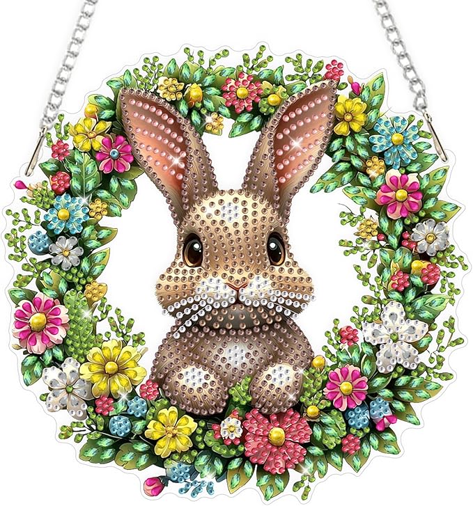 Easter Rabbit Diamond Art Hanging Ornaments Kits for Adults, Diamond Painting Pendant Kits, DIY Acrylic 5D Special Shaped Crystal Gem Art Painting Ornament for Home Wall Easter Decor Gift 8x8 Inch