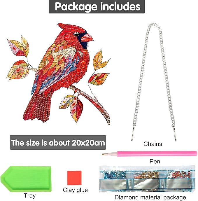 Bimkole Red Bird Diamond Art Hanging Kit for Adult, DIY 5D Animals Diamond Art Painting Window Pendant, Acrylic Crystal Art Hanging Ornament for Wall Home Garden Front Door Decor - 7.8x7.8 Inch