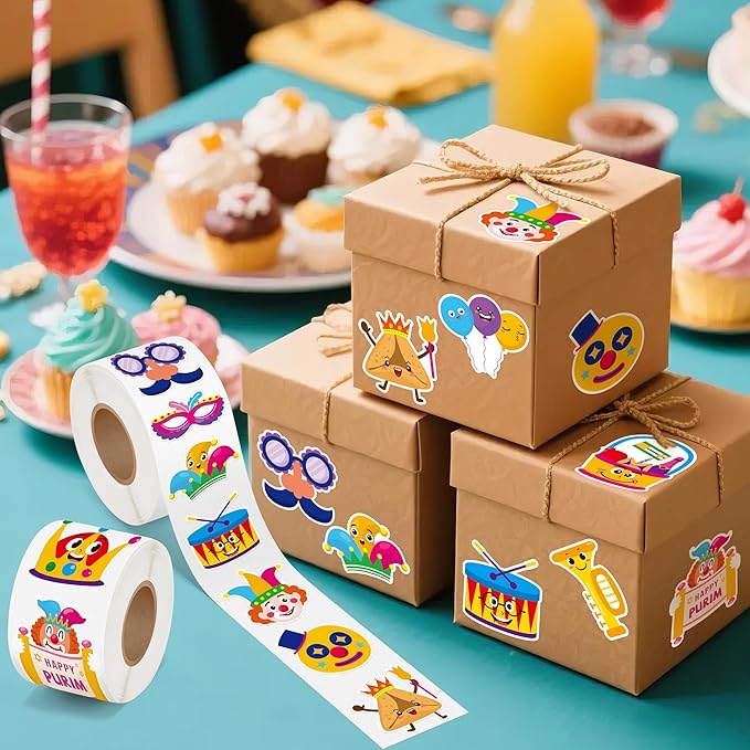 beyumi happy purim sticker roll - 1000pcs happy purim stickers in 2 rolls cute waterproof vinyl masque crown jewish holiday celebration decals gift carnival party laptop bottle scrapbooking decor kids