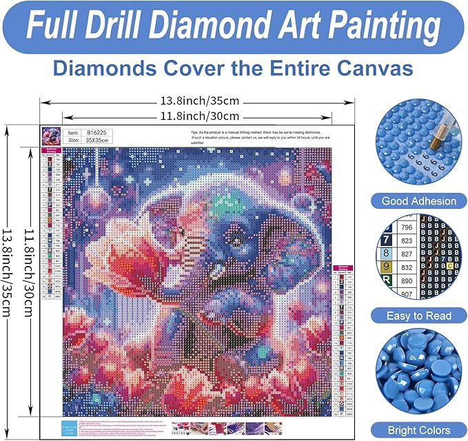 Camocin Diamond Art Kits for Adults Elephant, 5D Tulips Diamond Painting Kits for Adults Beginners, DIY Elephant Full Round Dots Drill Gem Art Kit for Gift Home Wall Decor 14 x 14 Inch