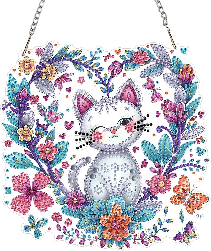 DOMROM Cat Diamond Art Hanging Kits for Adults Beginners, Special Shaped Crystal Diamond Painting Cat Pendant, DIY Diamond Art Suncatchers Animal for Home Garden Wall Decor Gift