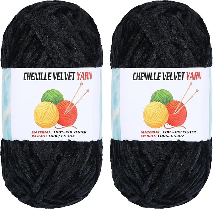 2 * 100g Velvet Chenille Chunky Yarn, Handcrafts Weaving Soft Chenille Yarn for Crocheting Clearance, Used for Making Baby Yarn Blanket, Clothes, Knitting Creations (Black)