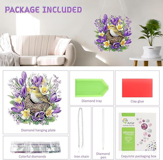 RICUVED Hanging Diamond Art Painting Kit, Special Shaped Crystal Craft Bird's Nest Diamond Painting Pendant Kit for Adults, DIY Flowers Hanging Acrylic Diamond Art Ornament Kit for Home Garden Decor