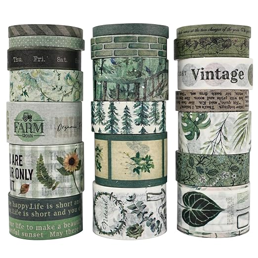 Washi Tape Set, 20 Rolls, Plant Botanical Green Washi Tape for Journaling, Decorative Tape for Scrapbooking, Junk Journal Supplies, Bullet Journaling