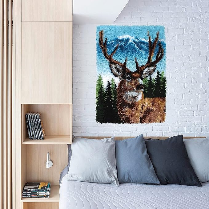 ZFFLYH Deer Latch Hook Kit, DIY Large Latch Hook Kit for Adults 3D Printed Canvas Pattern Crochet Handcraft Embroidery Tapestry Hobby & Crafts 85cmX63cm/33.5X25inch