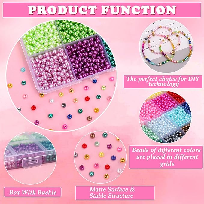 BONNY BOXX 4880 PCs Pearl Beads Set for Jewelry Making, 4MM Round ABS Faux Pearls with Holes for Bracelets, Necklaces, Earrings, Vase Filler