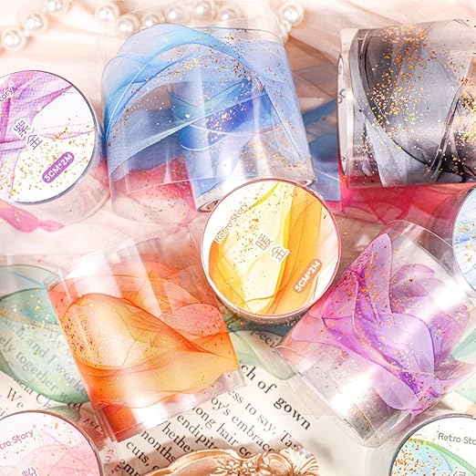 Kesari Tape Stickers for Scrapbooking Supplies,6 Rolls Watercolor PET Washi Tape Scrapbook Stickers for Journaling, DIY Crafts (Gold)
